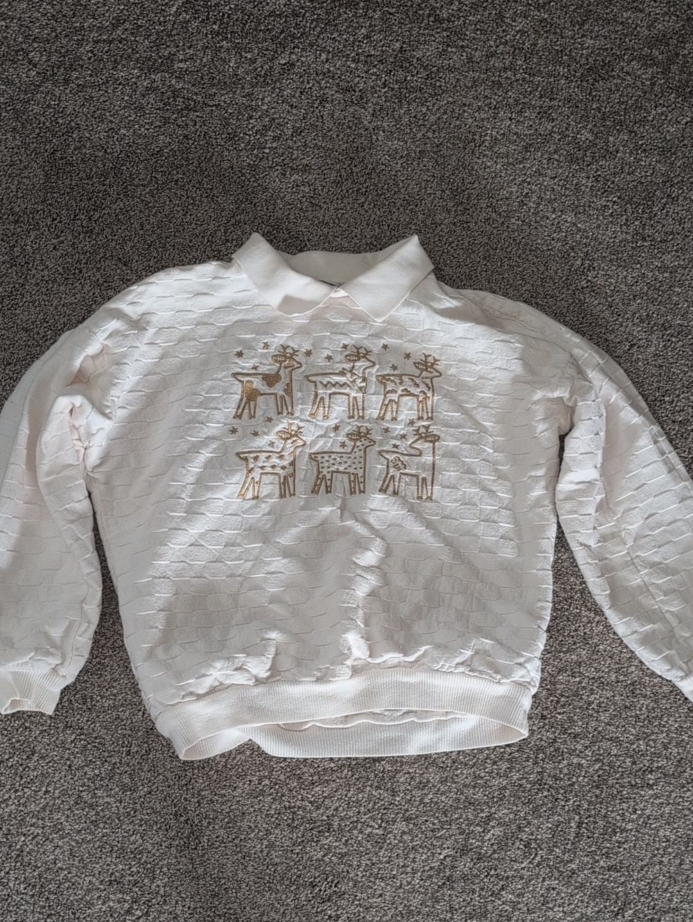 Vintage White Collared Sweater with Gold Reindeer Motif